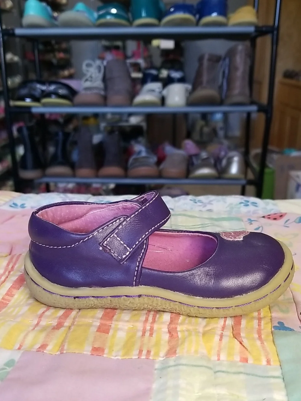 Livie & Luca Purple Leather Mary Jane Shoes with Pink Glitter Bird Size 5 Pio